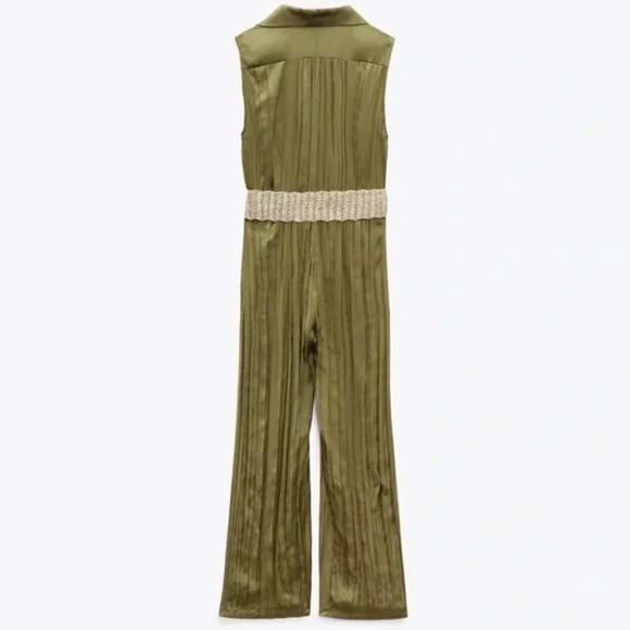 Zara Satin Effect Jumpsuit With  Belt in Olive Green NWT Size Small - Picture 5 of 12